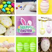 Composite image of easter eggs grouped together on straw