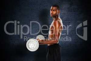 Composite image of portrait of a serious fit young man lifting b