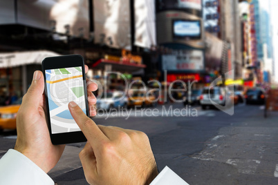 Composite image of man using map app on phone