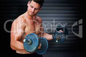 Composite image of bodybuilder lifting dumbbell