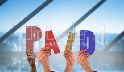 Composite image of hands holding up paid