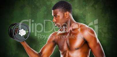 Composite image of serious fit shirtless young man lifting dumbb