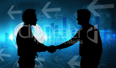 Composite image of smiling young businessmen shaking hands in of