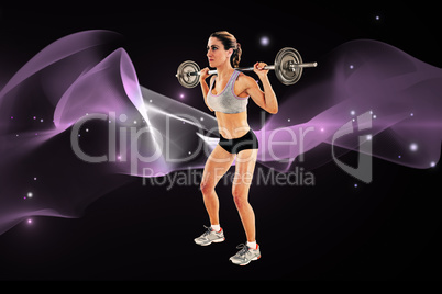 Composite image of strong female crossfitter lifting barbell beh