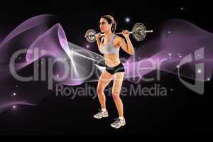 Composite image of strong female crossfitter lifting barbell beh