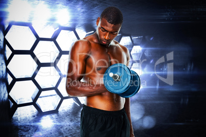 Composite image of determined fit shirtless young man lifting du