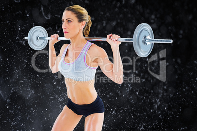 Composite image of strong female crossfitter lifting barbell beh