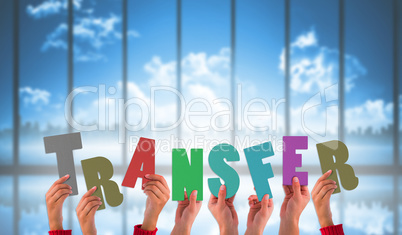 Composite image of hands holding up transfer