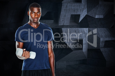 Composite image of portrait of a casual man lifting dumbbells