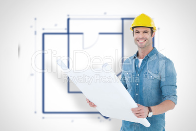 Composite image of happy architect holding blueprint in house