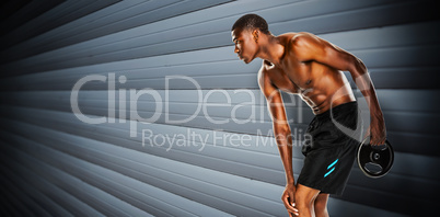 Composite image of shirtless fit young man holding barbell weigh
