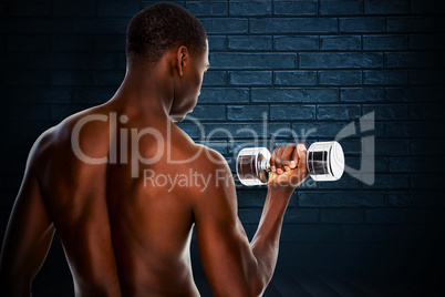 Composite image of rear view of a fit shirtless young man liftin