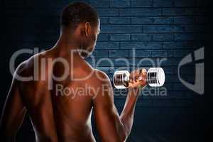 Composite image of rear view of a fit shirtless young man liftin