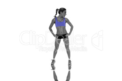 Composite image of strong blonde posing with hands on hips