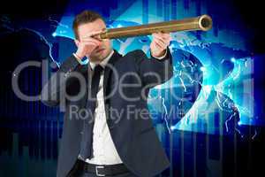 Composite image of businessman looking through telescope