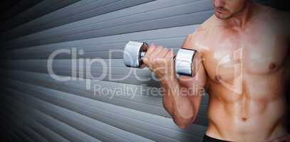 Composite image of bodybuilder lifting dumbbell