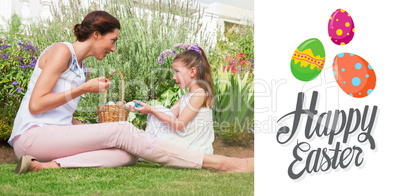 Composite image of mother and daughter collecting easter eggs
