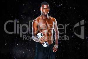 Composite image of portrait of a fit shirtless young man lifting