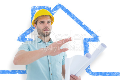 Composite image of architect with blueprint gesturing on white b