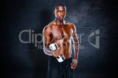 Composite image of portrait of a fit shirtless young man lifting Composite image of portrait of a fit shirtless young man lifting
