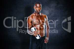 Composite image of portrait of a fit shirtless young man lifting