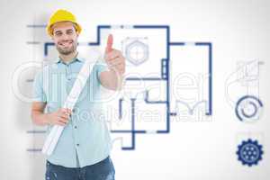 Composite image of male architect with blueprint gesturing thumb