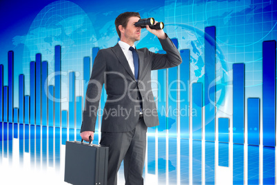 Composite image of businessman looking through binoculars