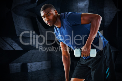 Composite image of portrait of casual young man lifting dumbbell