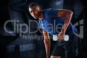 Composite image of portrait of casual young man lifting dumbbell