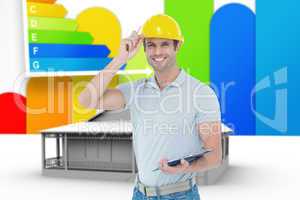 Composite image of architect wearing hard hat while holding clip