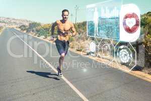 Composite image of athletic man jogging on open road with monito