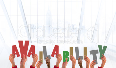 Composite image of hands holding up availability