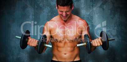 Composite image of bodybuilder lifting dumbbells