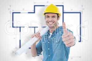 Composite image of architect holding blueprint while gesturing t