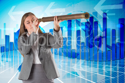 Composite image of businesswoman looking through a telescope