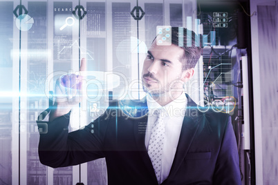 Composite image of thoughtful businessman pointing something wit