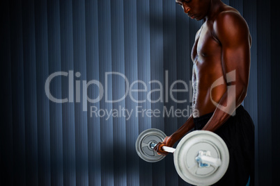 Composite image of determined fit shirtless young man lifting ba