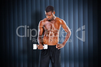 Composite image of serious fit shirtless young man lifting dumbb