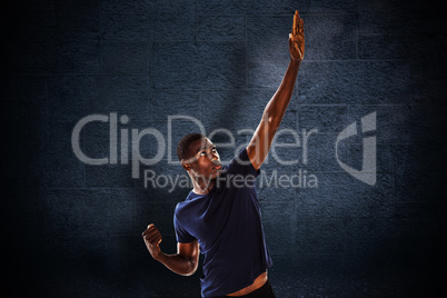 Composite image of serious young man with hand gestures