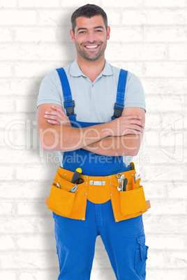 Composite image of repairman in overalls wearing tool belt stand