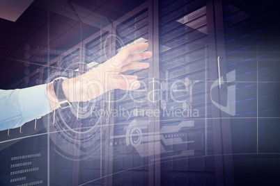 Composite image of businessman showing with his hand