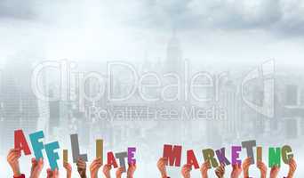 Composite image of hands holding up affiliate marketing