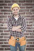 Composite image of confident male handyman wearing tool belt