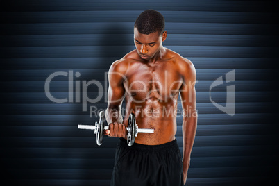 Composite image of serious fit shirtless young man lifting dumbb