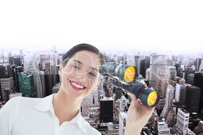 Composite image of smiling business woman with binoculars