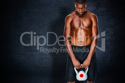 Composite image of shirtless fit young man lifting kettle bell