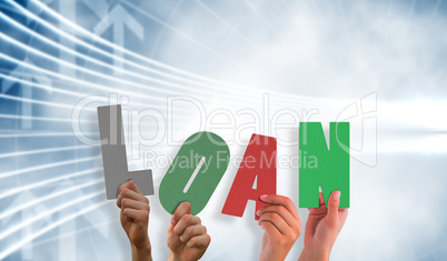 Composite image of hands holding up loan