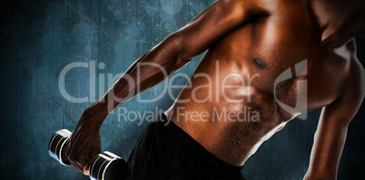 Composite image of mid section of fit shirtless young man liftin