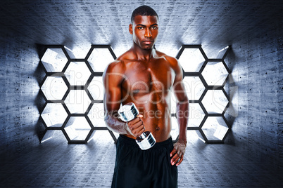 Composite image of portrait of a fit shirtless young man lifting