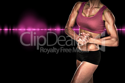 Composite image of female bodybuilder posing with hands together